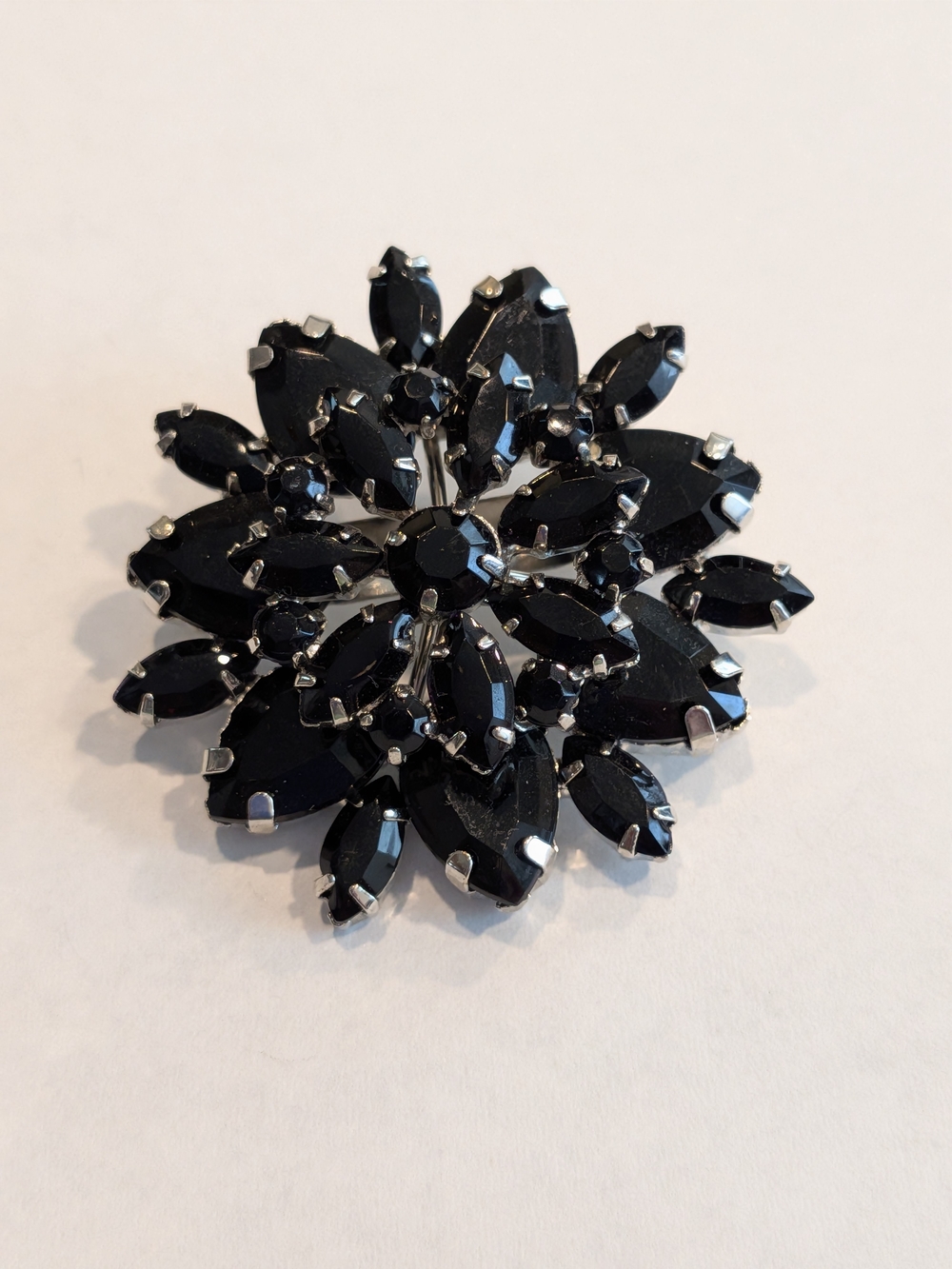 Vintage Black Crystal Floral Statement Brooch - Women Jewelry